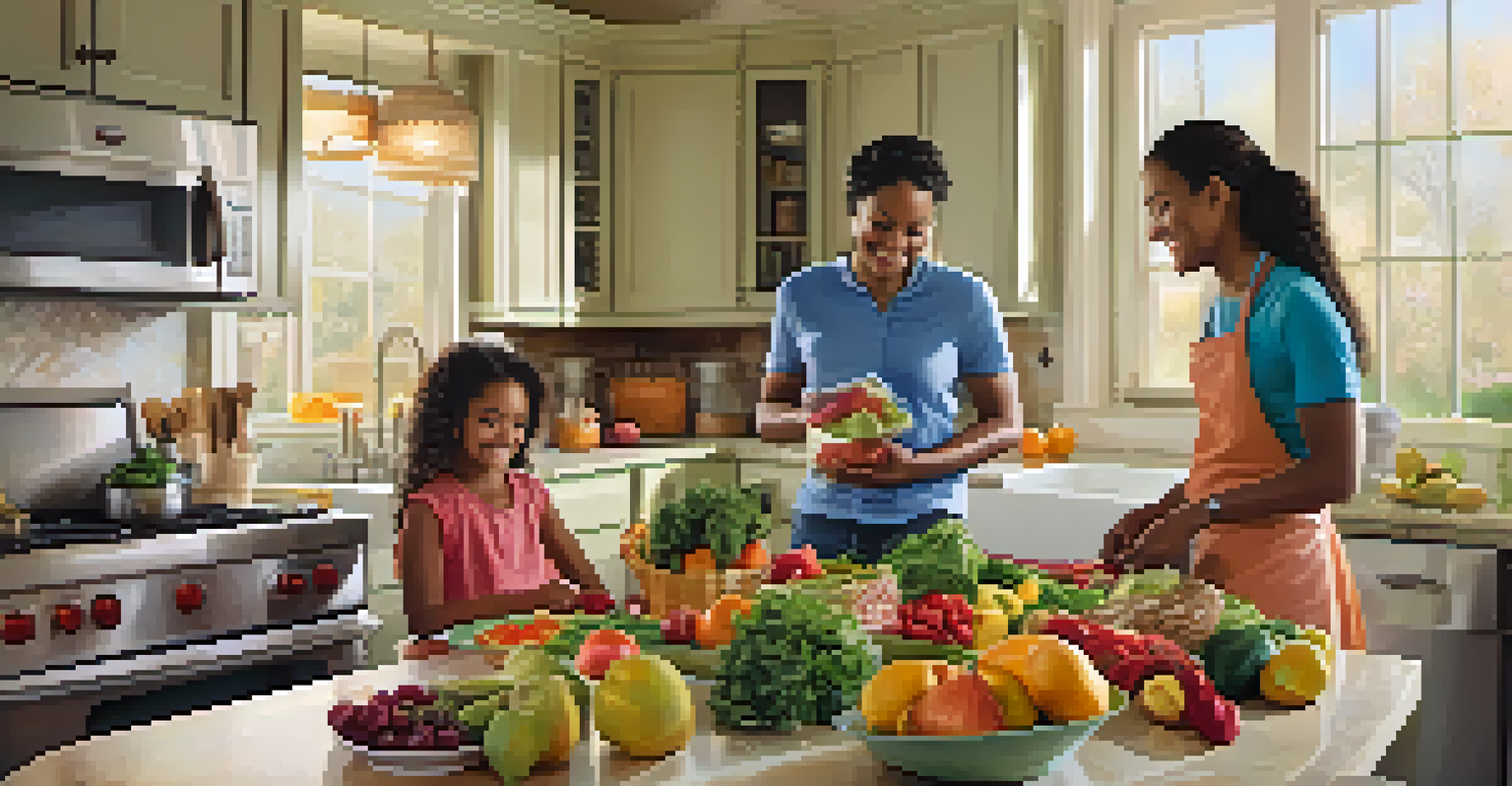 A family happily preparing a healthy meal in a brightly lit kitchen, with fresh fruits and vegetables on the countertop.