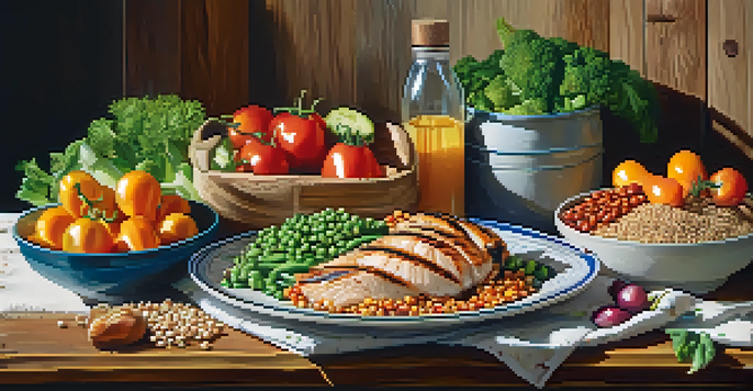 A colorful plate showcasing a variety of healthy foods including vegetables, lean proteins, and whole grains on a rustic wooden table.