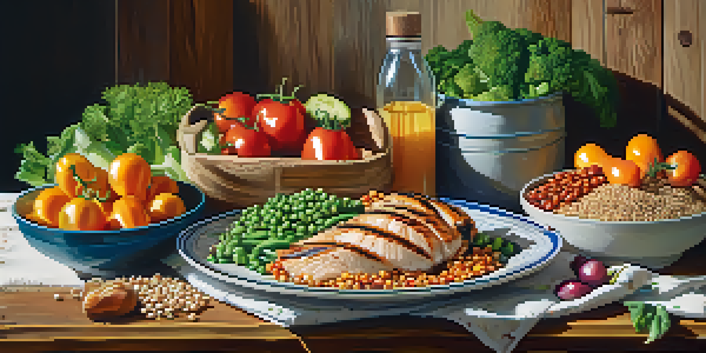A colorful plate showcasing a variety of healthy foods including vegetables, lean proteins, and whole grains on a rustic wooden table.