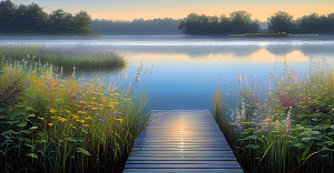 A beautiful sunrise over a calm lake with mist and a wooden dock surrounded by flowers and grass.