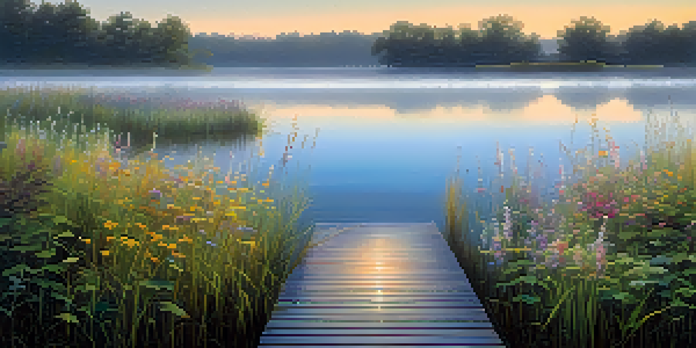 A beautiful sunrise over a calm lake with mist and a wooden dock surrounded by flowers and grass.