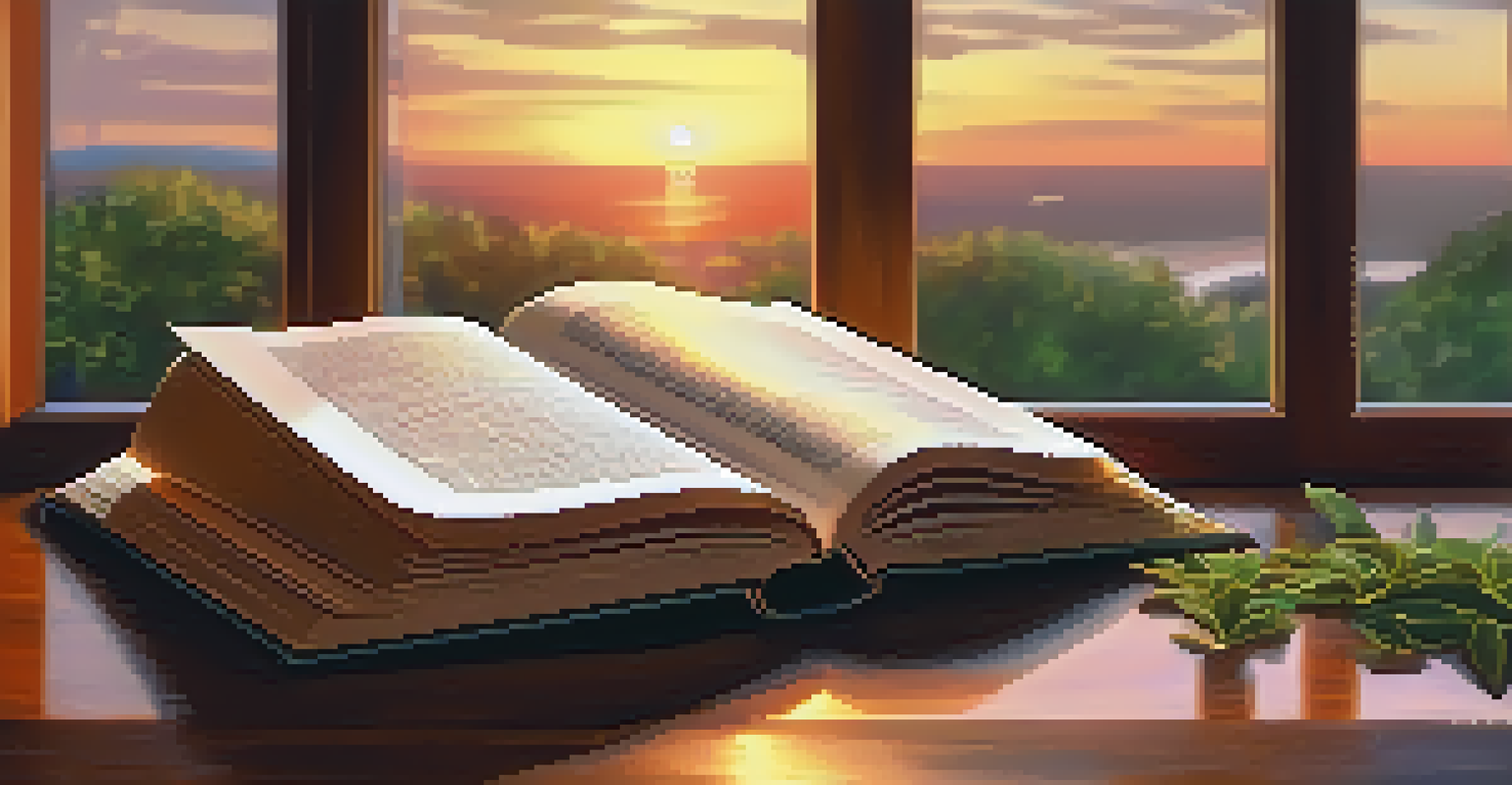 An open book on a wooden table with plants and a flickering candle, illuminated by soft candlelight.