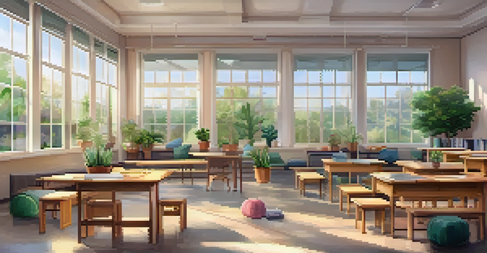 A peaceful classroom filled with natural light, colorful cushions, and plants, where students practice mindfulness exercises.