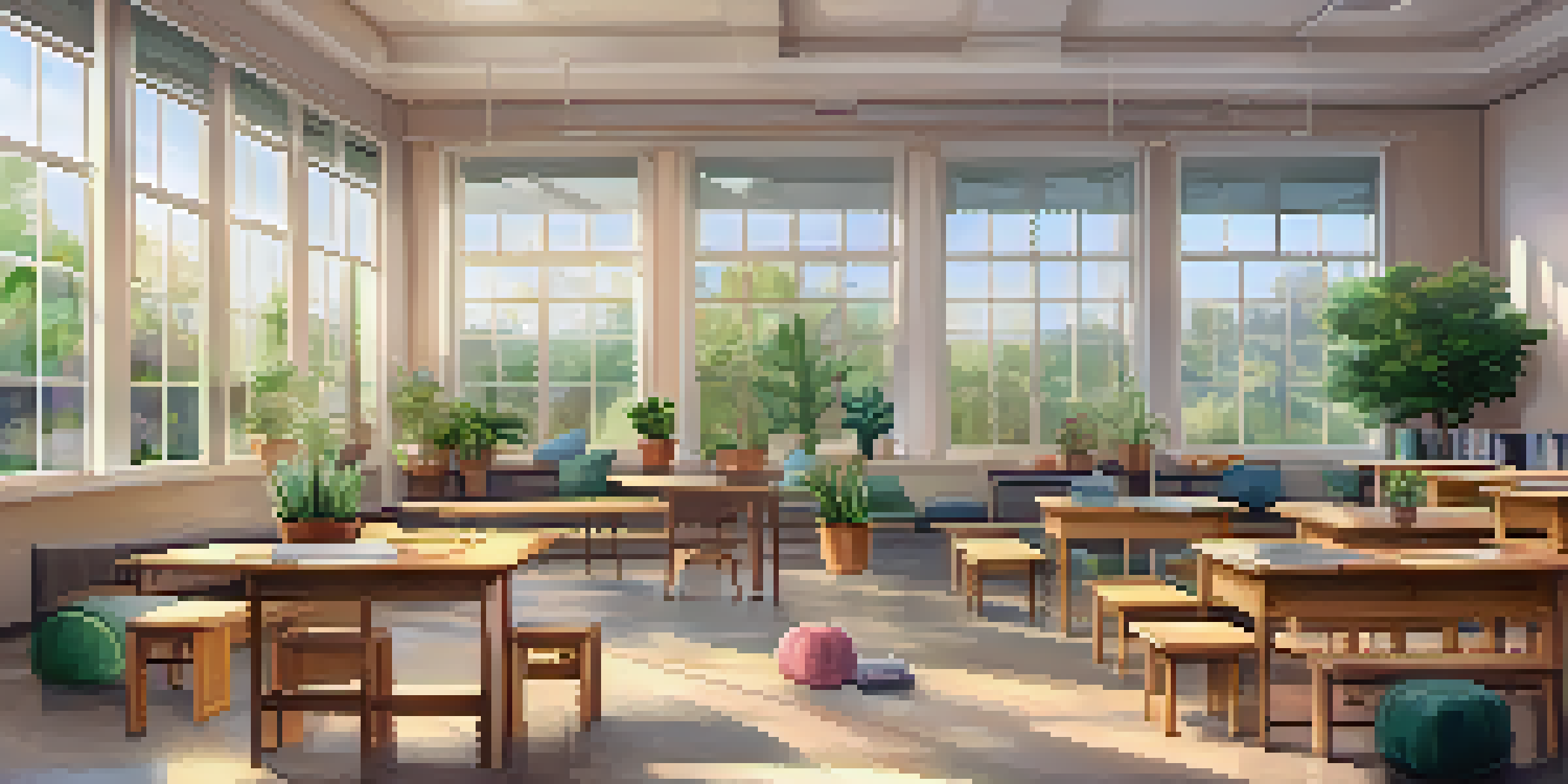 A peaceful classroom filled with natural light, colorful cushions, and plants, where students practice mindfulness exercises.