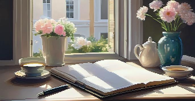 A peaceful workspace with an open journal, a fountain pen, flowers, and a cup of tea, illuminated by soft sunlight.