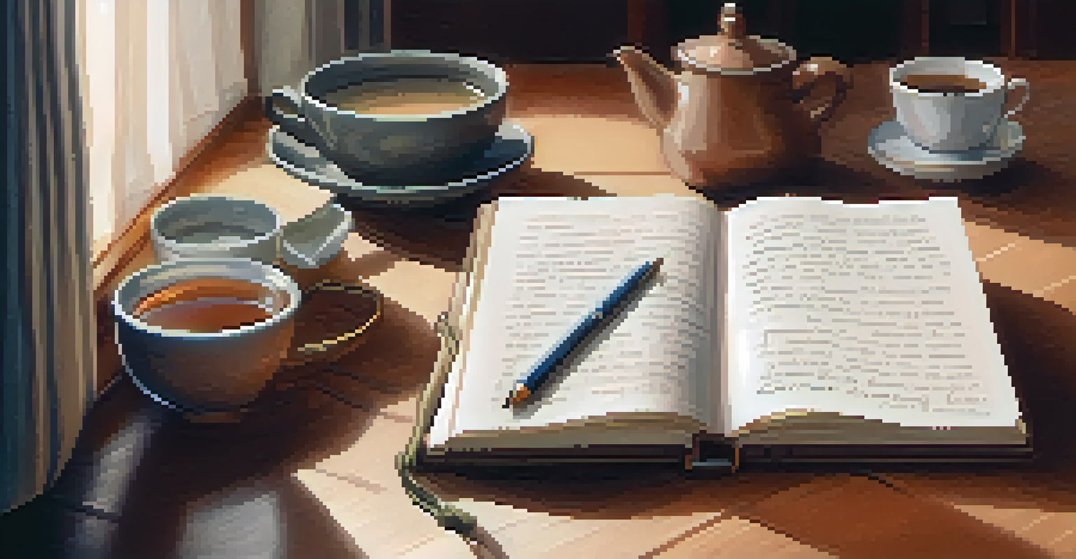 A hand writing in a journal with a cozy blanket and a steaming cup of tea in the background, lit by warm lighting.