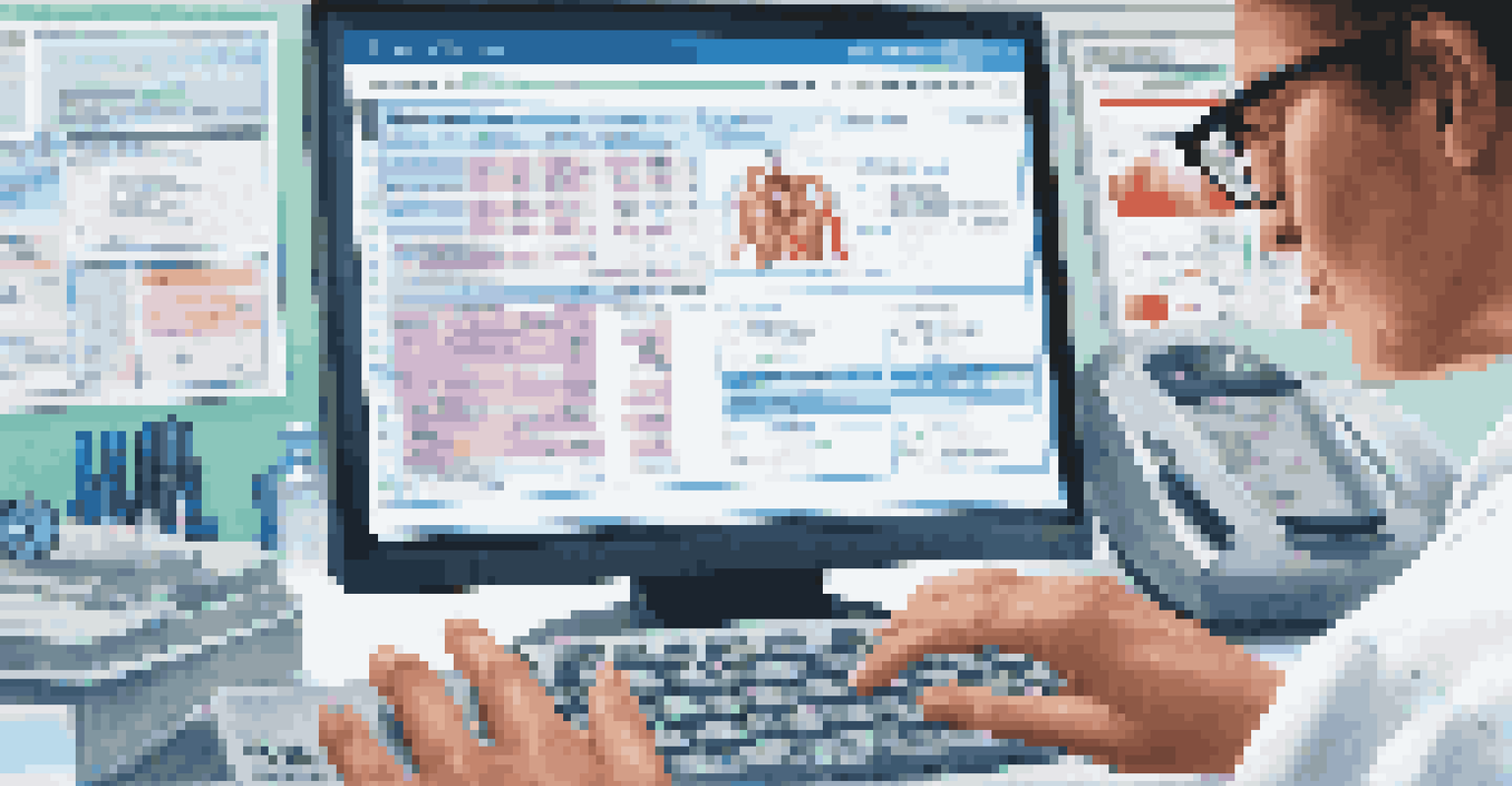 A close-up of a computer screen showing an electronic health record with patient information, surrounded by a healthcare provider's hands typing.