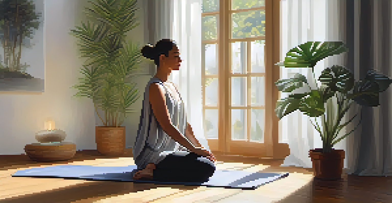 A woman practicing yoga in a bright, plant-filled room, reflecting calmness and serenity.