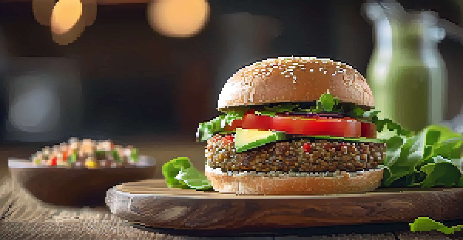 A close-up of a veggie burger topped with lettuce, tomato, and avocado on a rustic wooden plate, with a warm kitchen background.