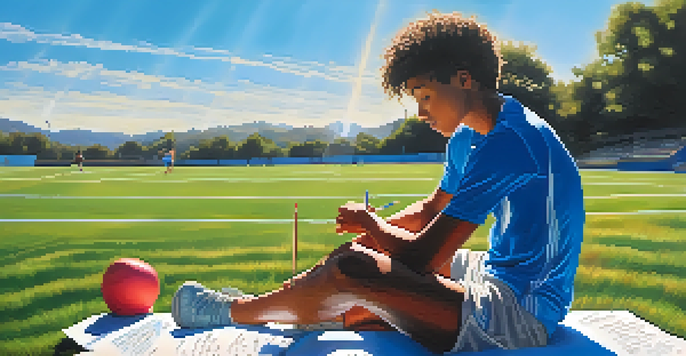 A young athlete journaling on a grassy field with motivational quotes around them under a clear blue sky.