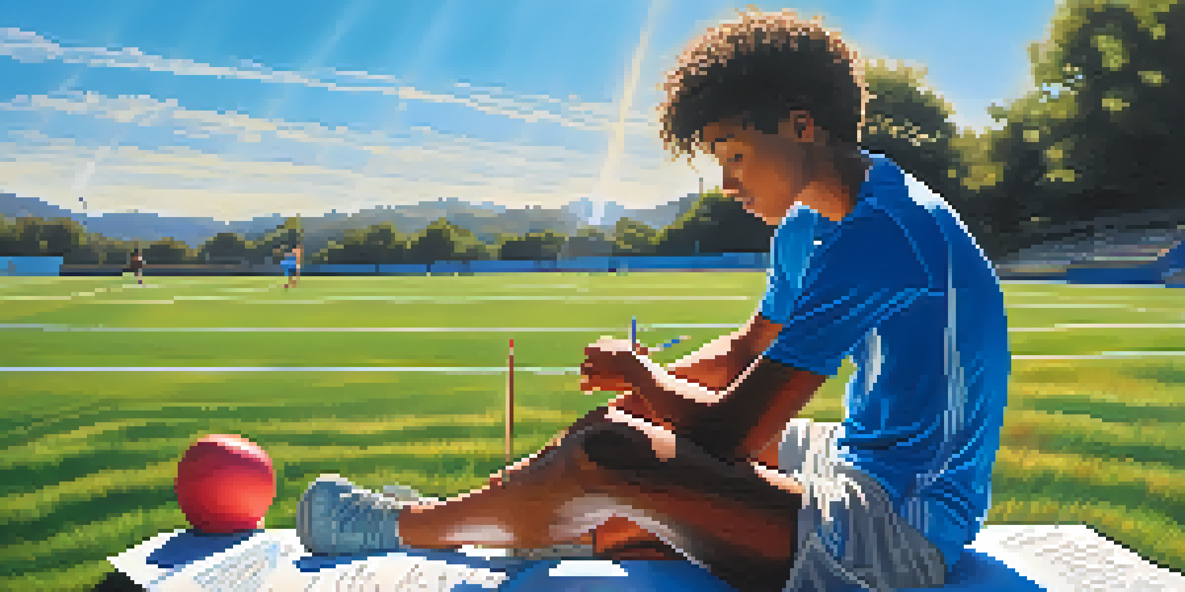 A young athlete journaling on a grassy field with motivational quotes around them under a clear blue sky.