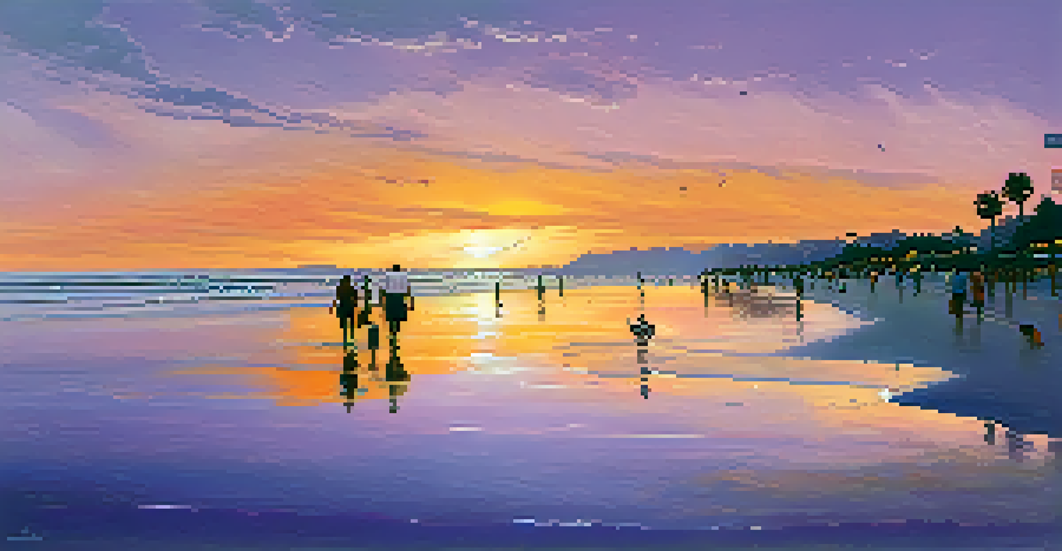 A beautiful beach at sunset with silhouettes of people walking along the shore and colorful skies.