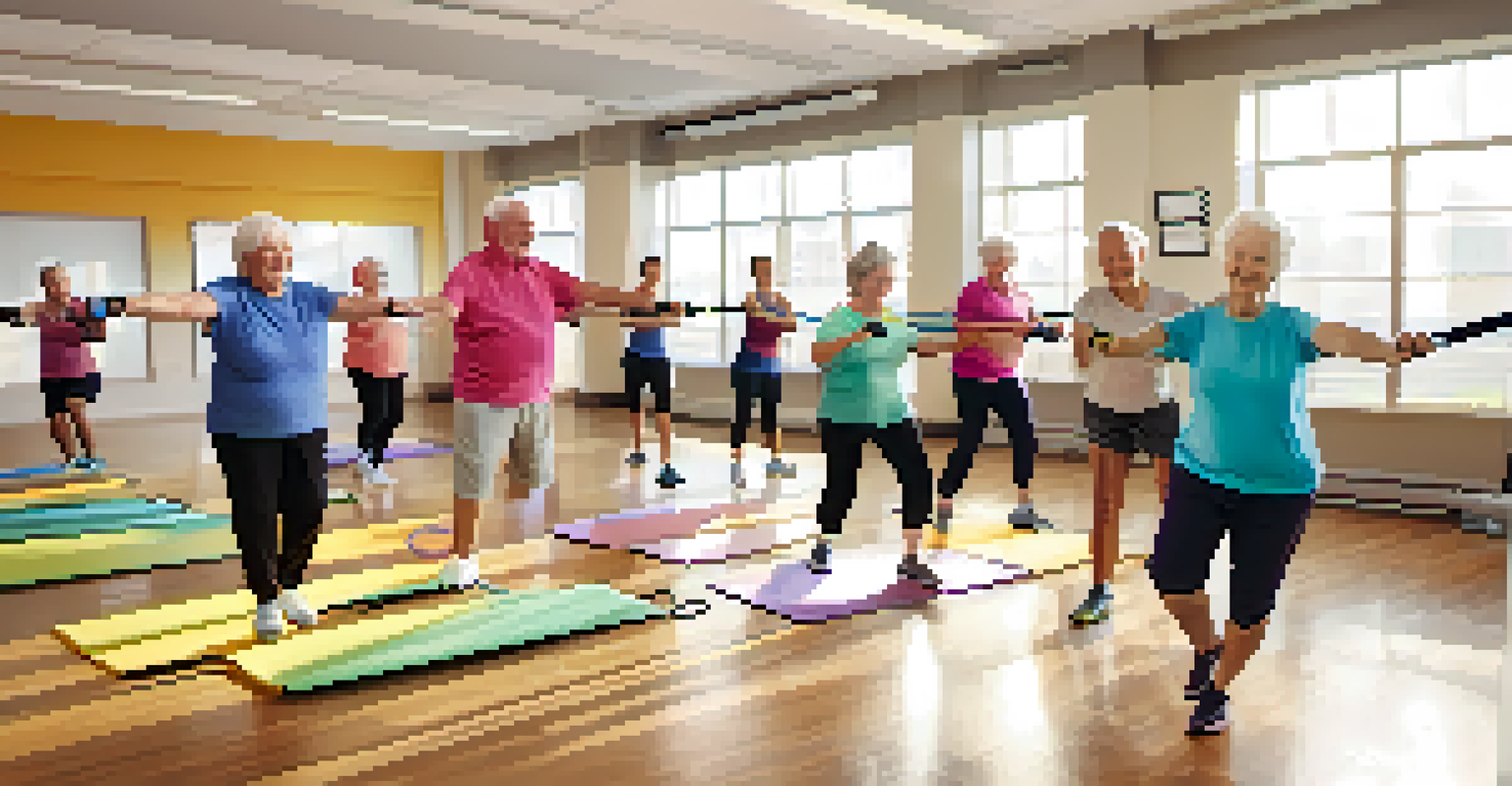 A diverse group of seniors in a bright fitness class, engaging with resistance bands and supporting each other in a welcoming space.