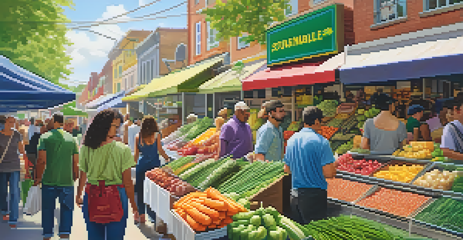 A market scene with diverse consumers shopping for sustainable products, surrounded by colorful fruits and vegetables.