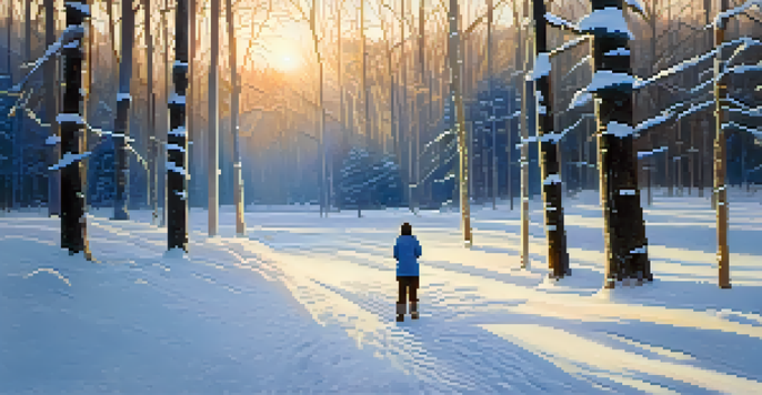 A person practicing deep breathing in a snow-covered forest with sunlight filtering through the trees.