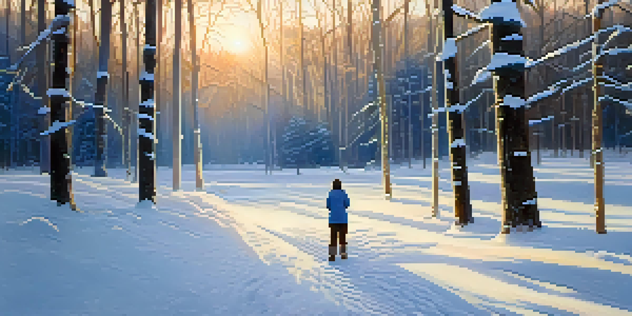 A person practicing deep breathing in a snow-covered forest with sunlight filtering through the trees.
