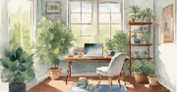 A peaceful office space with a person practicing mindfulness on a yoga mat, sunlight streaming through a window.