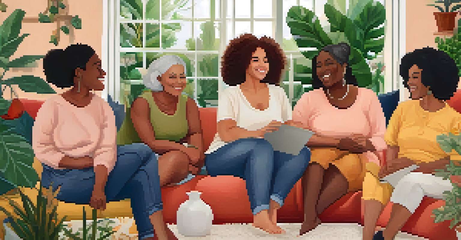 A diverse group of women in a cozy setting, discussing menopause with warm smiles, representing community and support.