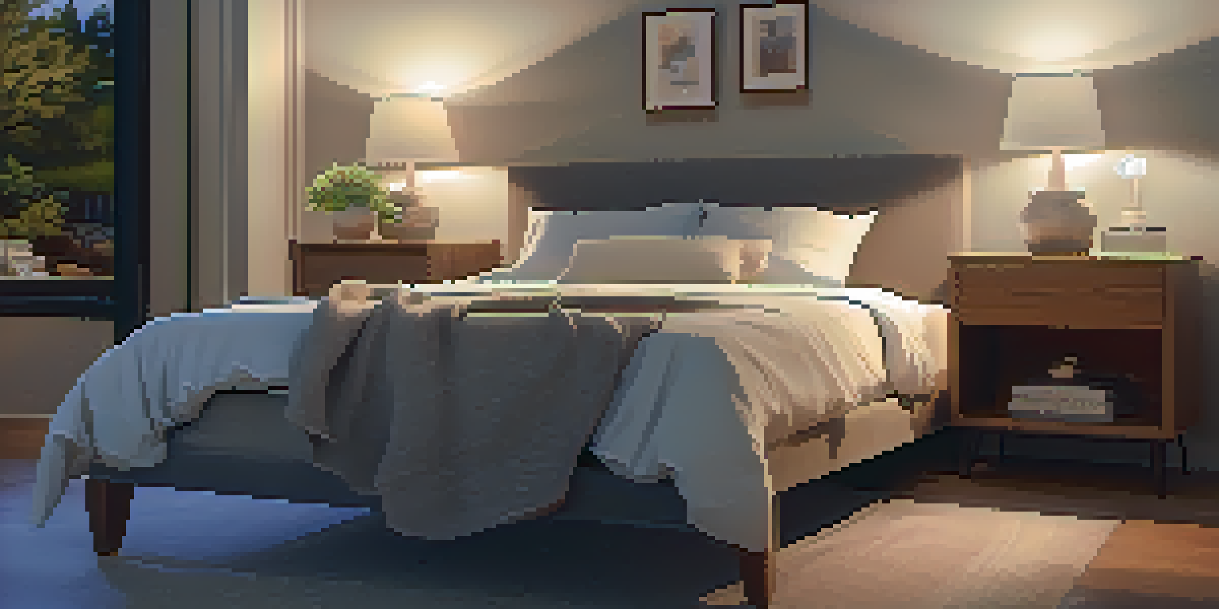 A peaceful bedroom at night with a bed, a bottle of melatonin on the bedside table, and soft lighting.