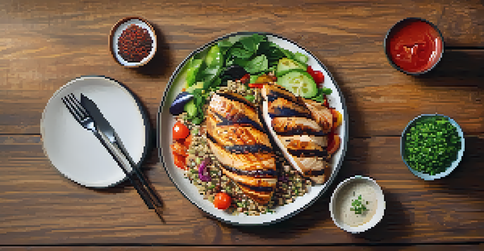 A plate with grilled chicken breast, colorful vegetables, and quinoa on a wooden table, lit by natural light.