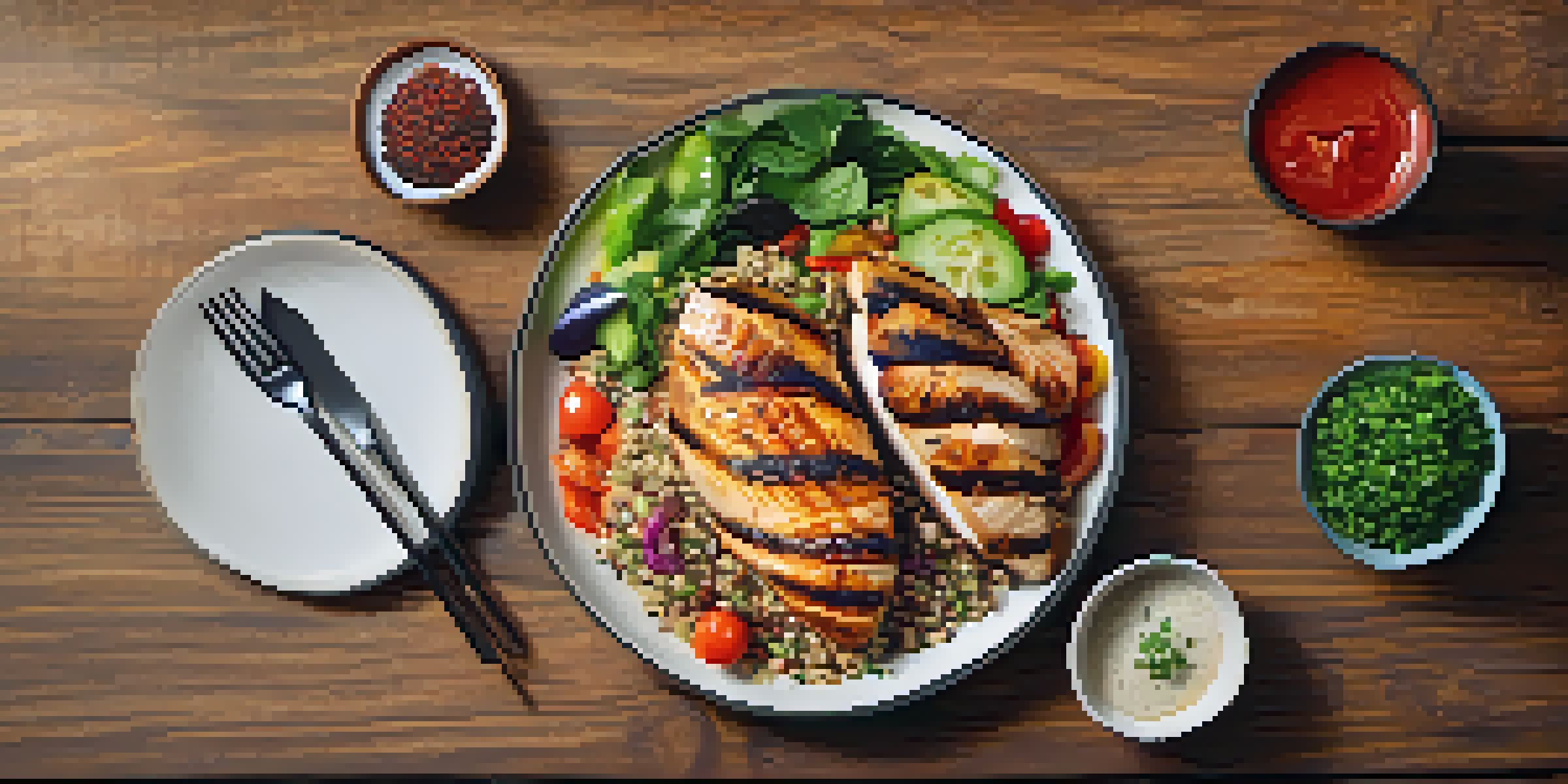 A plate with grilled chicken breast, colorful vegetables, and quinoa on a wooden table, lit by natural light.