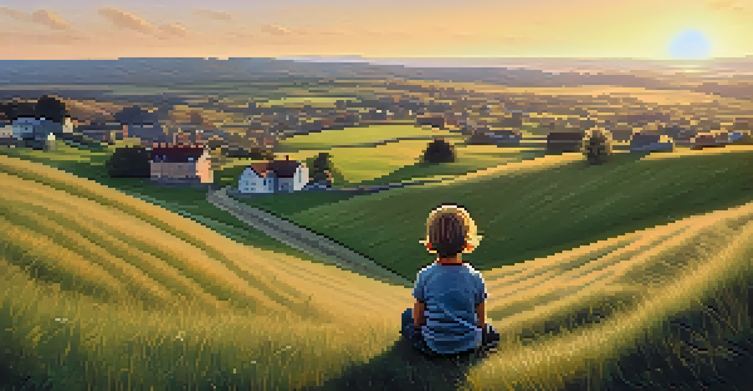 A child sitting on a grassy hill in a rural landscape, gazing towards a distant town where mental health services are located, under a warm sunset.