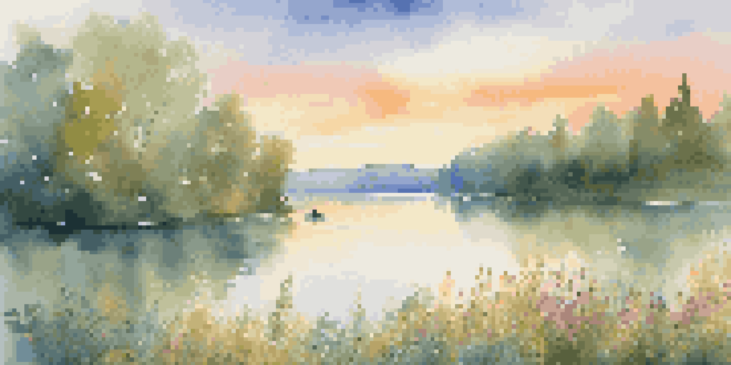 A person meditating by a calm lake at sunrise, surrounded by greenery and wildflowers.
