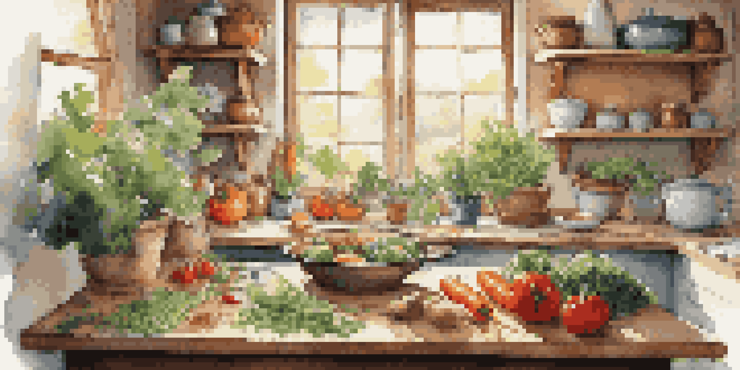 A person chopping vegetables in a cozy kitchen filled with fresh produce and natural light.