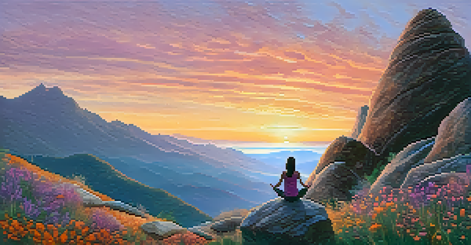 A person meditating on a mountain peak at sunrise, surrounded by a stunning view of the colorful sky.
