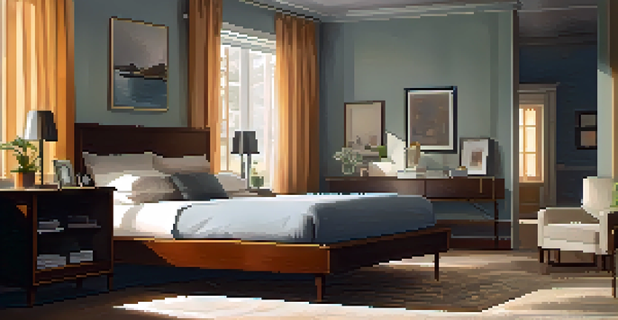 A tranquil bedroom with a neatly made bed, soft pillows, blackout curtains, and a bedside table with a lamp and a book.