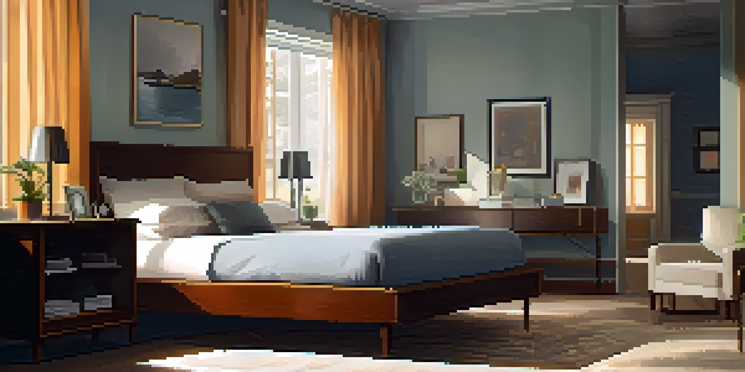 A tranquil bedroom with a neatly made bed, soft pillows, blackout curtains, and a bedside table with a lamp and a book.