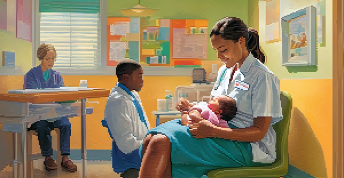 A mother holding her baby at a pediatrician's office while a nurse prepares a vaccination, showcasing a warm and inviting atmosphere.