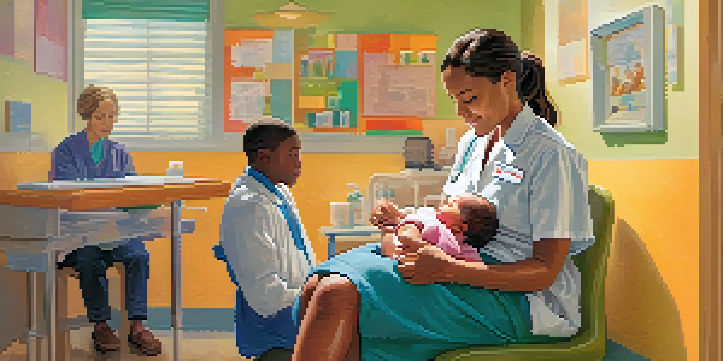 A mother holding her baby at a pediatrician's office while a nurse prepares a vaccination, showcasing a warm and inviting atmosphere.