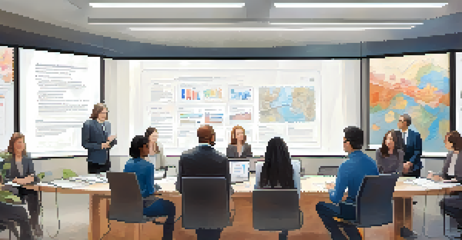 A diverse team in a modern meeting room, analyzing feedback on a digital screen, showcasing a collaborative atmosphere post-crisis.