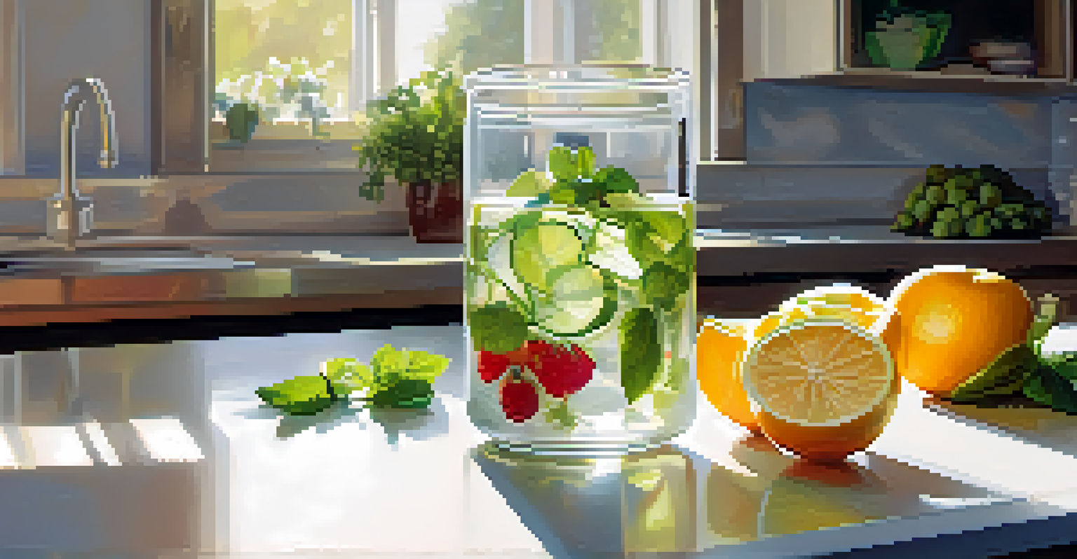 A glass of infused water with fruit and herbs on a kitchen countertop, with fresh produce and a notepad emphasizing hydration nearby.