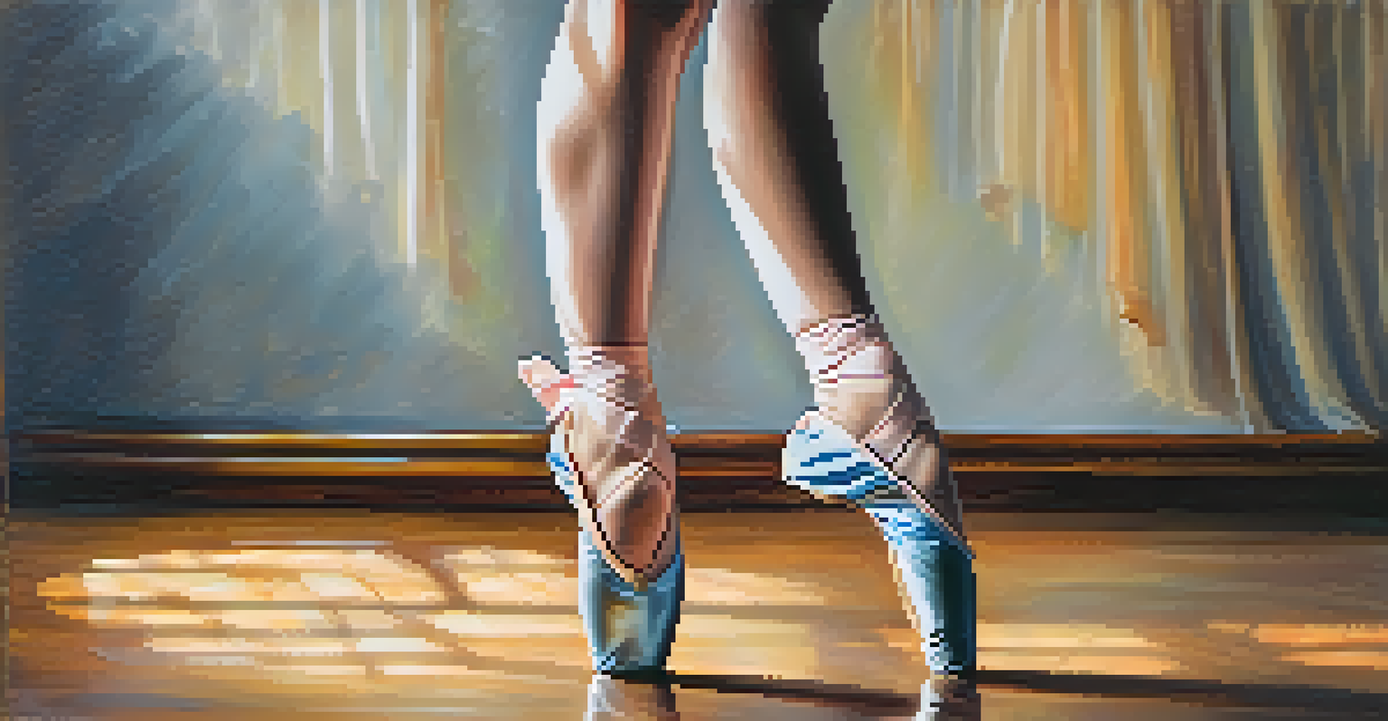 A close-up of a dancer's feet in colorful ballet shoes performing a pirouette, highlighting technique and grace in a ballet studio.