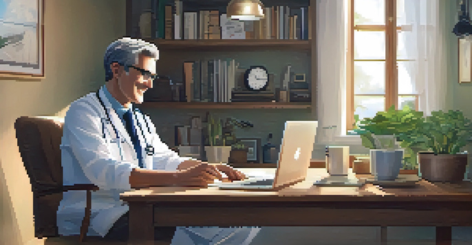 A patient in a home office participating in a telehealth video call with a doctor, surrounded by plants and a cup of coffee.