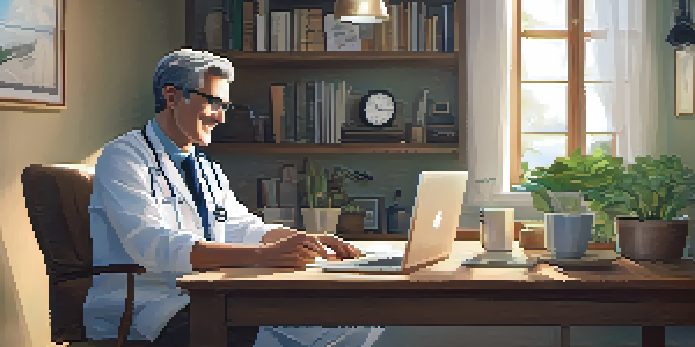 A patient in a home office participating in a telehealth video call with a doctor, surrounded by plants and a cup of coffee.