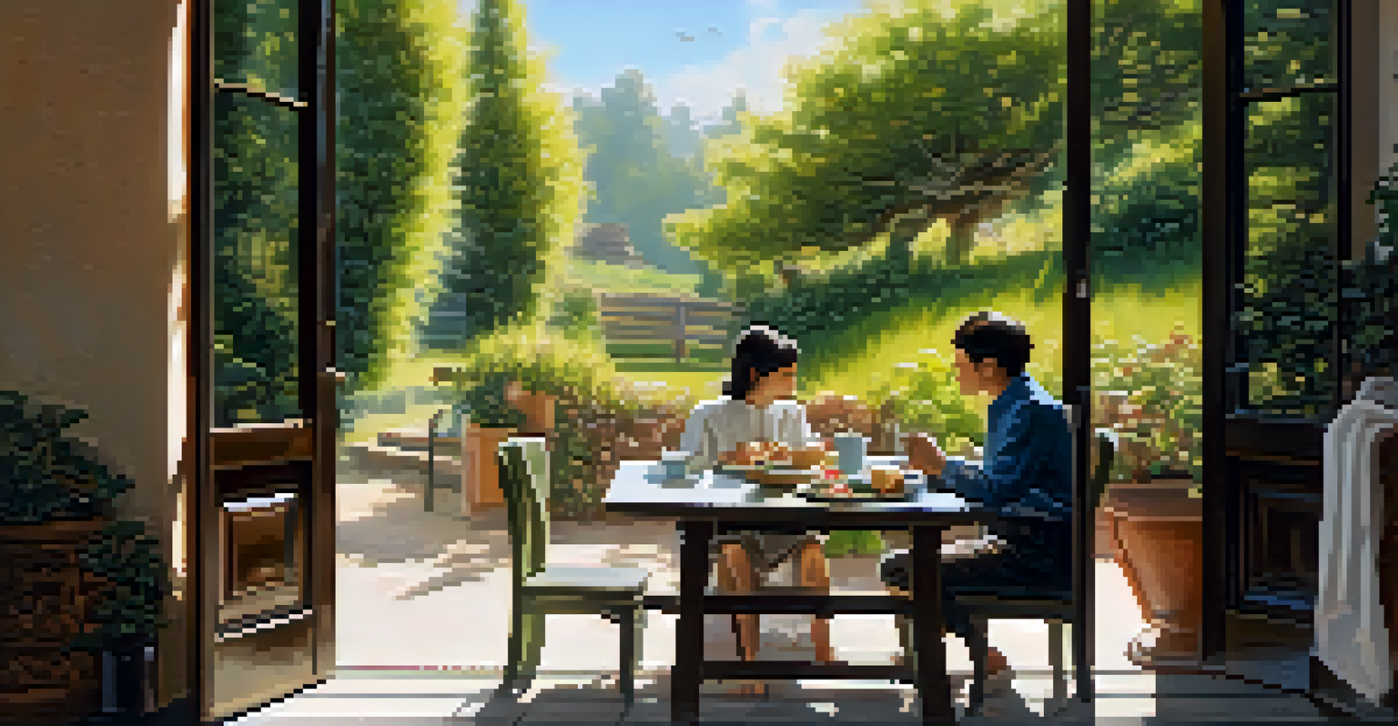 A person sitting at an outdoor table enjoying a healthy lunch in a peaceful, green environment, reflecting mindfulness in eating.