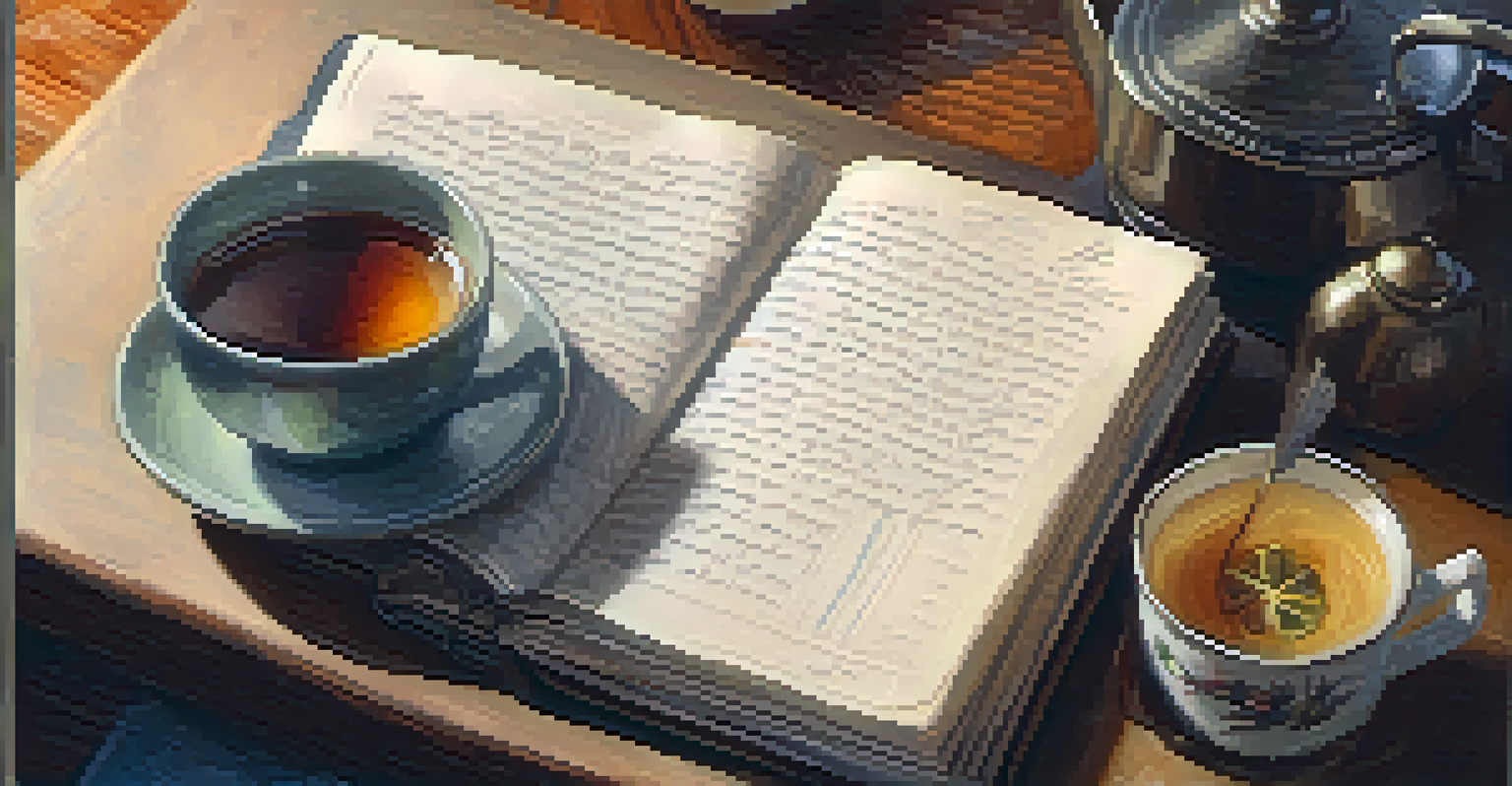 A close-up of a hand holding a cup of tea next to an open gratitude journal with handwritten notes, set in a cozy environment.