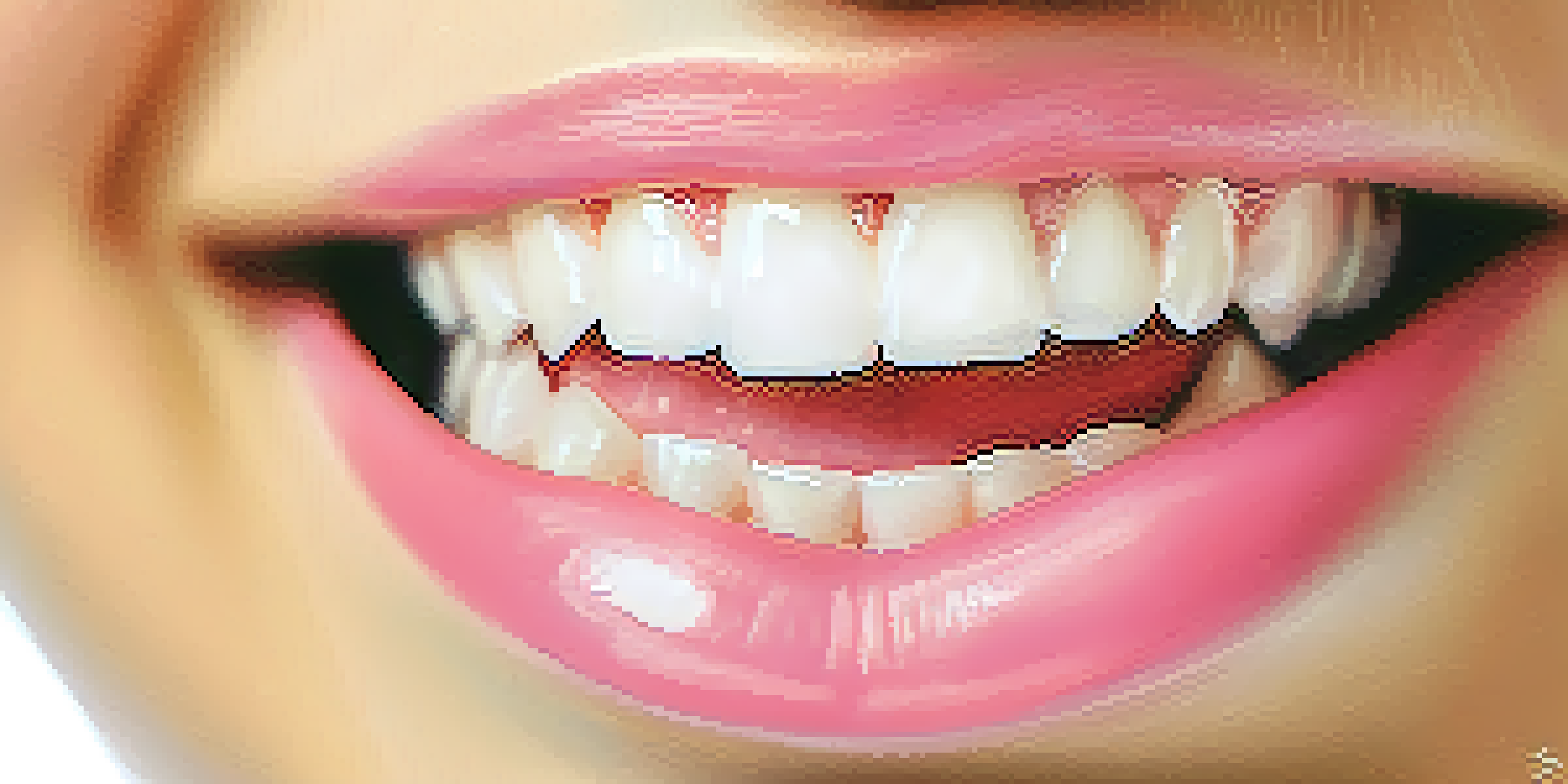 Close-up of a young person's mouth with healthy gums and teeth, showcasing vibrant pink gums and white teeth.