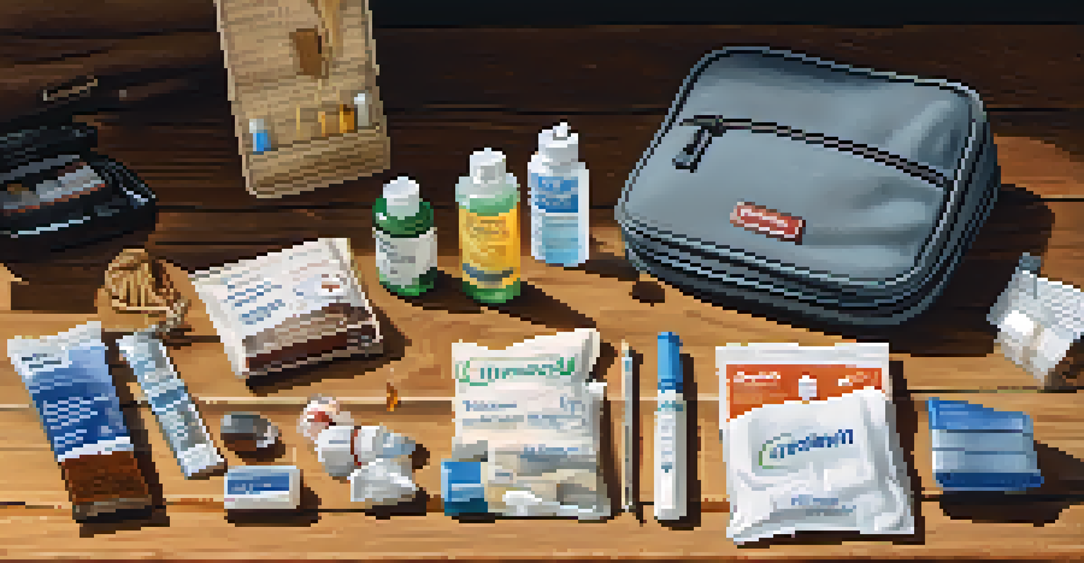 A detailed view of a travel health kit with medications and first aid supplies, arranged on a wooden table and illuminated by natural light.