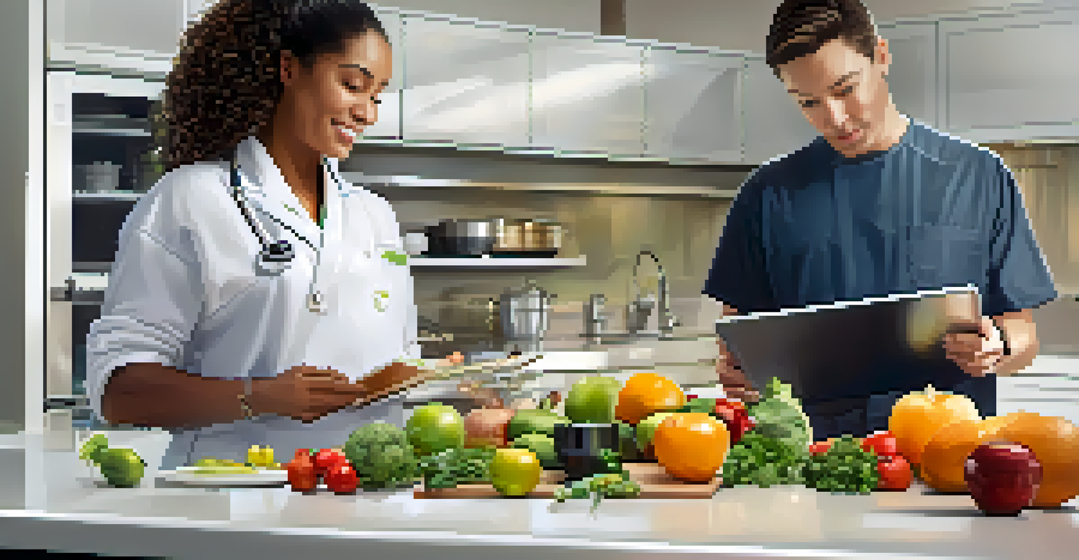 A healthcare provider discussing nutrition with a patient in a modern kitchen filled with fresh produce and cooking tools, while a tablet displays healthy recipes.