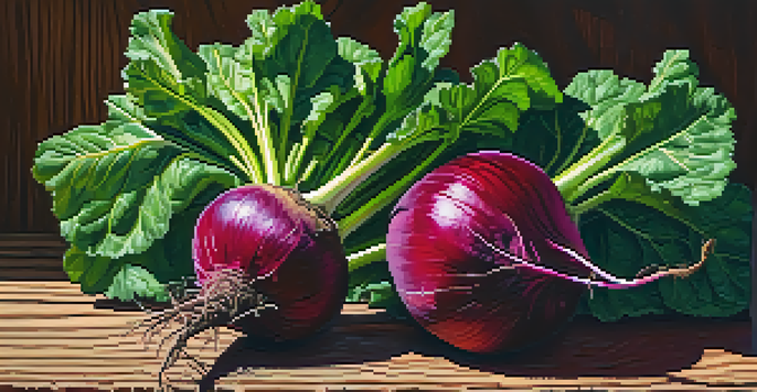 A fresh beetroot placed on a wooden table, illuminated by sunlight with fresh greens around it.