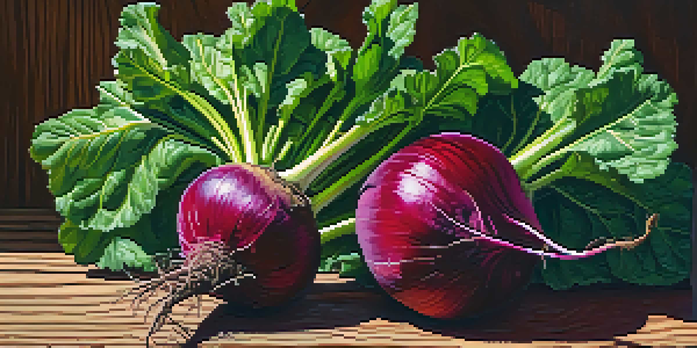 A fresh beetroot placed on a wooden table, illuminated by sunlight with fresh greens around it.
