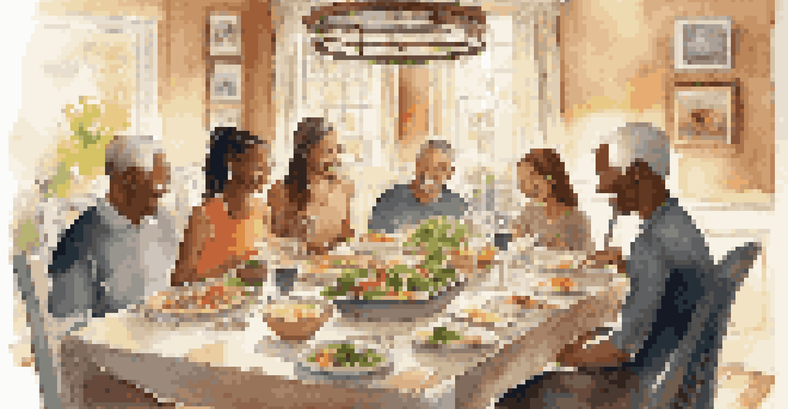 A cozy dining room with a table set for a healthy meal, featuring whole grains, lean proteins, and salads, with a family enjoying their time together.