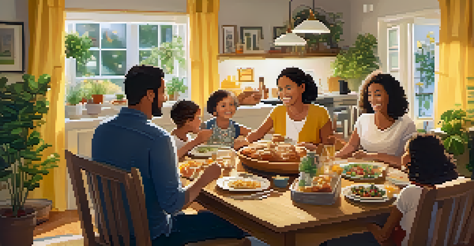 A warm family gathering in a cozy living room with a dining table full of food and happy family members.