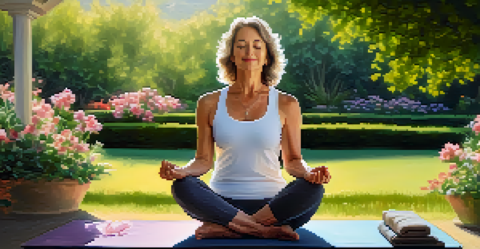 A middle-aged woman practicing yoga in a tranquil park, surrounded by flowers and greenery, promoting self-care.
