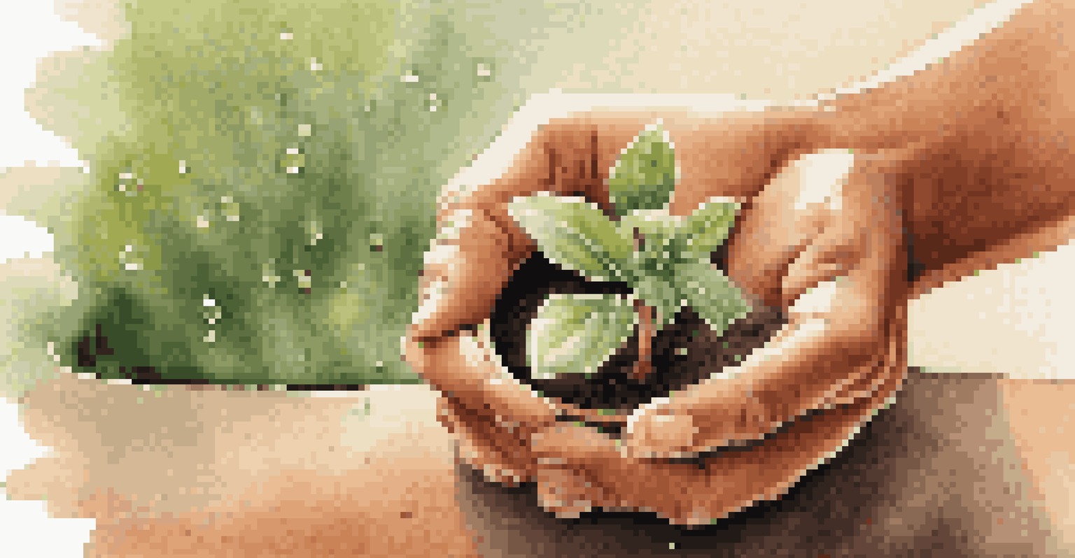 A close-up of a hand watering a small potted plant, representing growth and nurturing self-esteem.