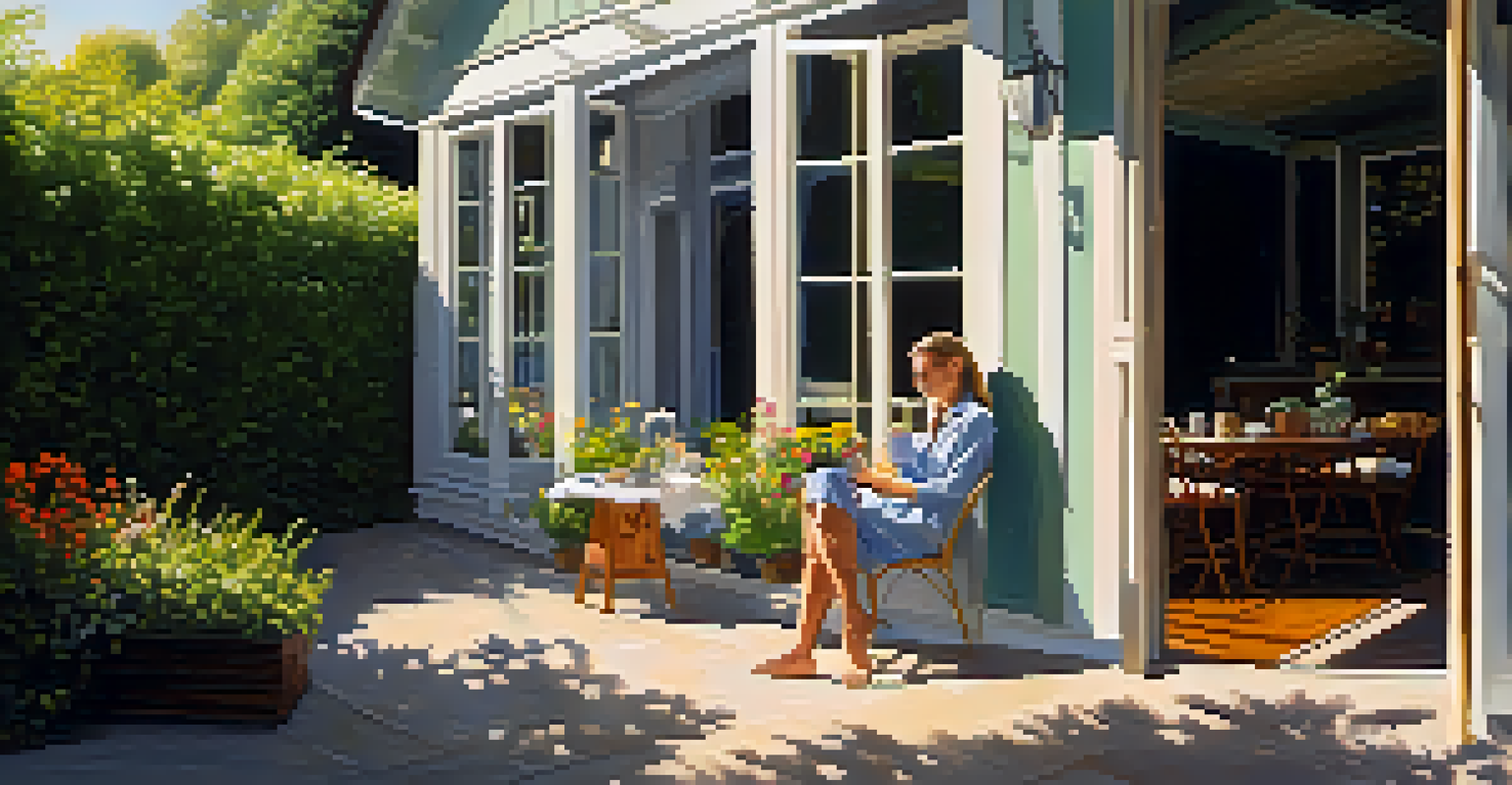A person sitting on a patio with a cup of coffee, surrounded by greenery and bright sunlight, enjoying the morning.